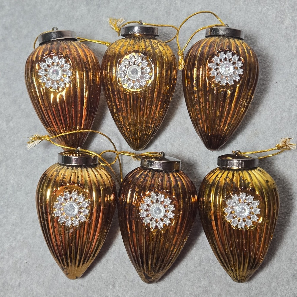 Set Of‎ 6 Glass Christmas Ornaments With Snowflake Large Gold Silver Heavy Nice